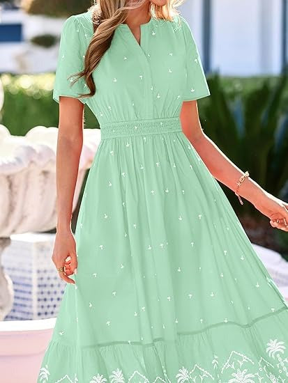 V Neck Short Sleeve Flowy Floral Maxi Dress