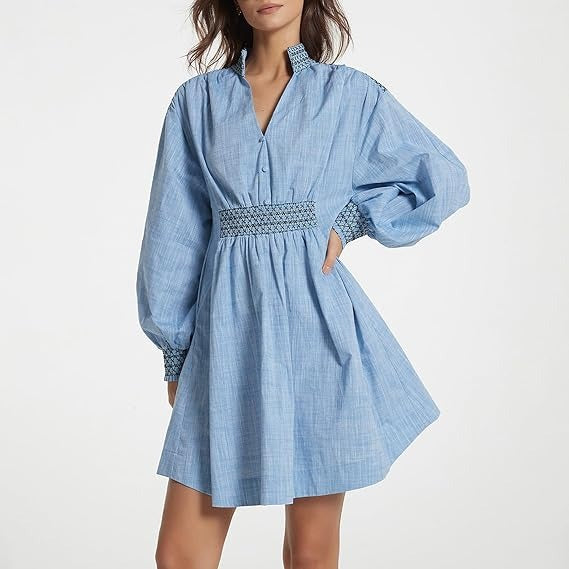 Embroidered V Neck A Line Mini Dress