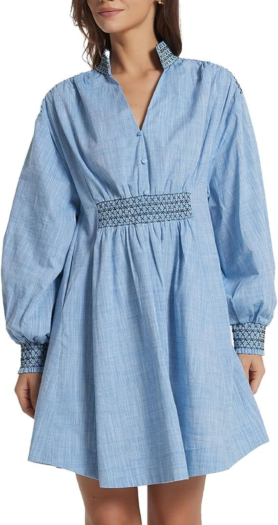 Embroidered V Neck A Line Mini Dress