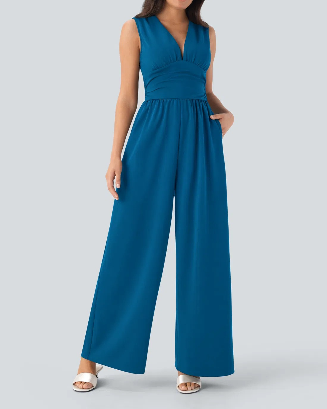 V Neck Sleeveless Ruched Pocket Jumpsuit