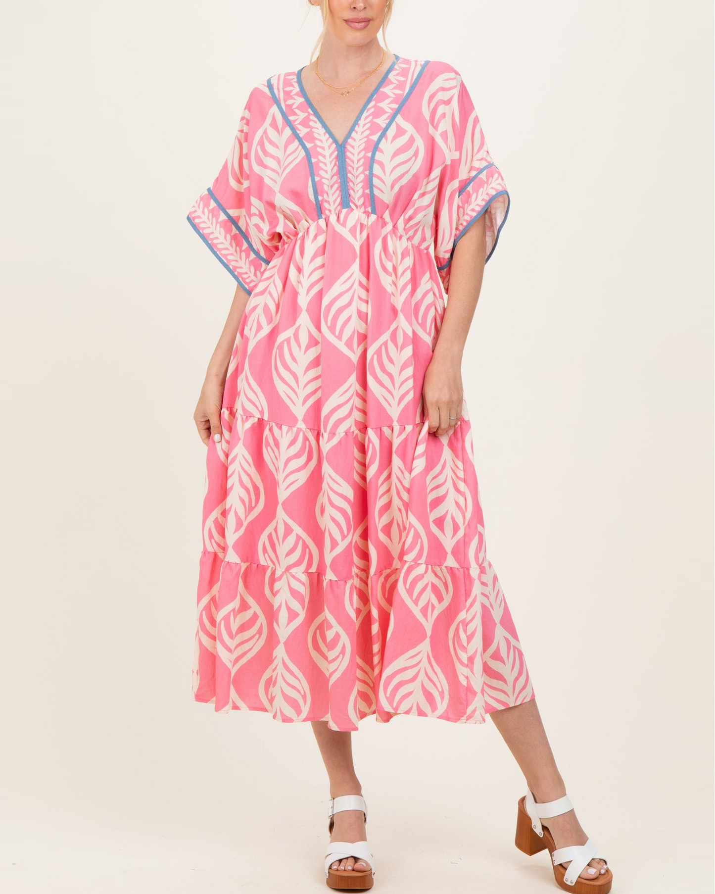 Pink Printed Dolman Sleeve Maxi Dress