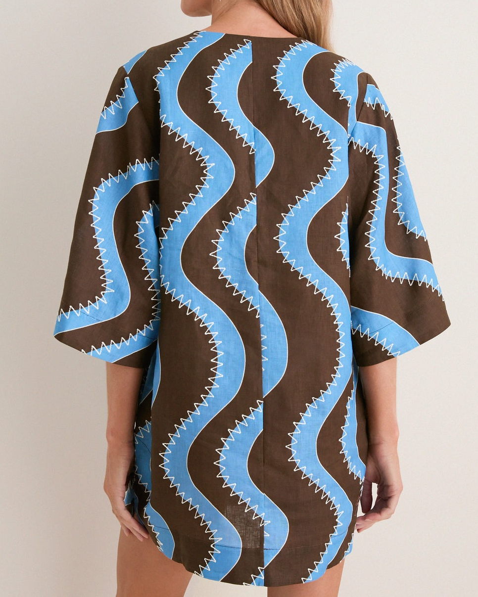 Wave-Print Tie-Neck Mini Dress