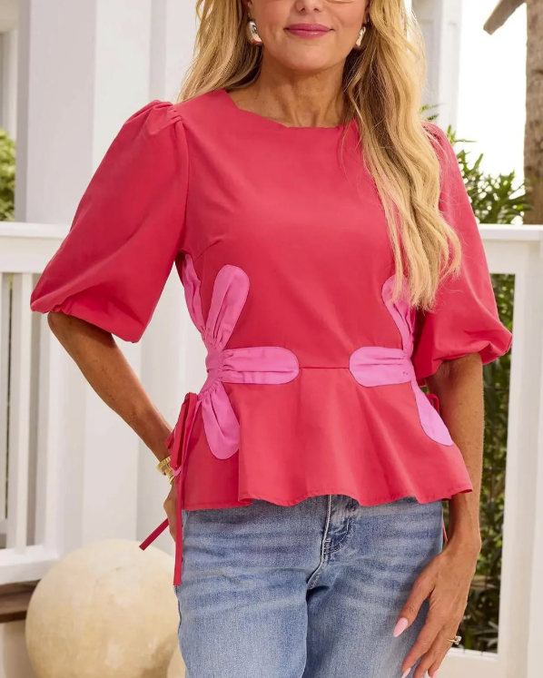 CONTRAST FLORAL SELF-TIES TOP