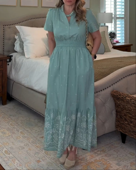 V Neck Short Sleeve Flowy Floral Maxi Dress