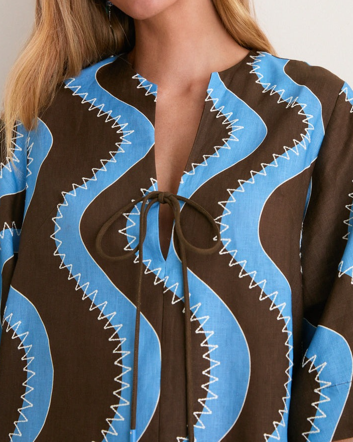 Wave-Print Tie-Neck Mini Dress