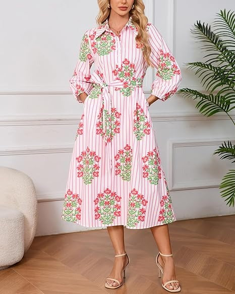 3/4 Puff Sleeve Belted Dresses with Pockets