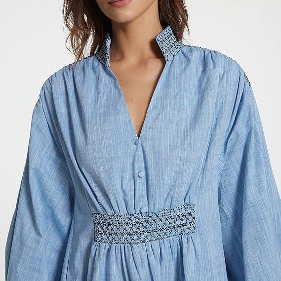 Embroidered V Neck A Line Mini Dress
