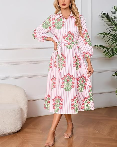 3/4 Puff Sleeve Belted Dresses with Pockets