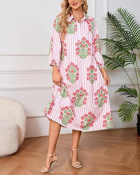 3/4 Puff Sleeve Belted Dresses with Pockets