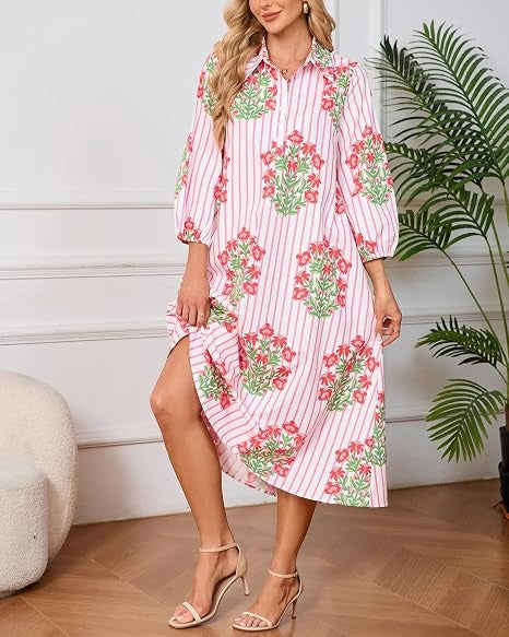 3/4 Puff Sleeve Belted Dresses with Pockets