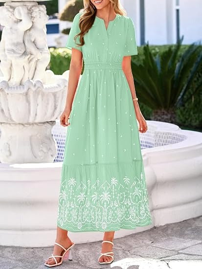 V Neck Short Sleeve Flowy Floral Maxi Dress
