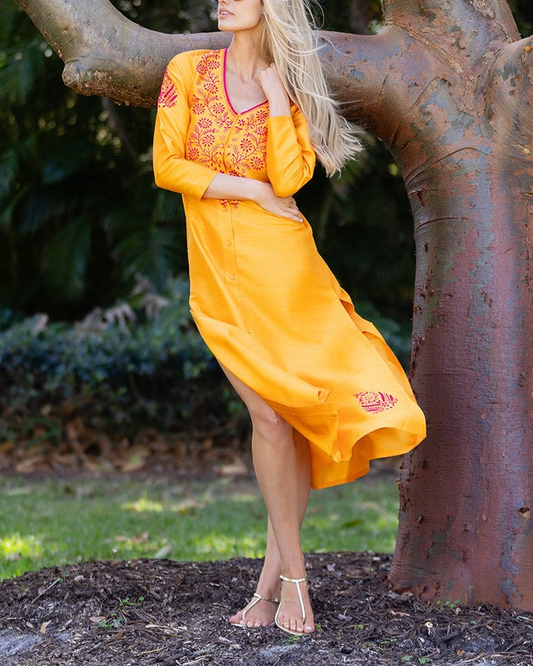 Floral Embroidery V-Neck Button-Up Dress