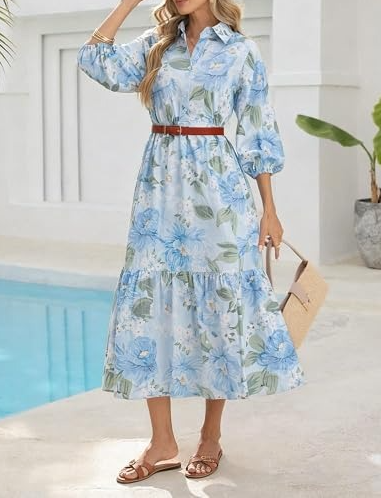 3/4 Sleeve Flowy Ruffle Dress