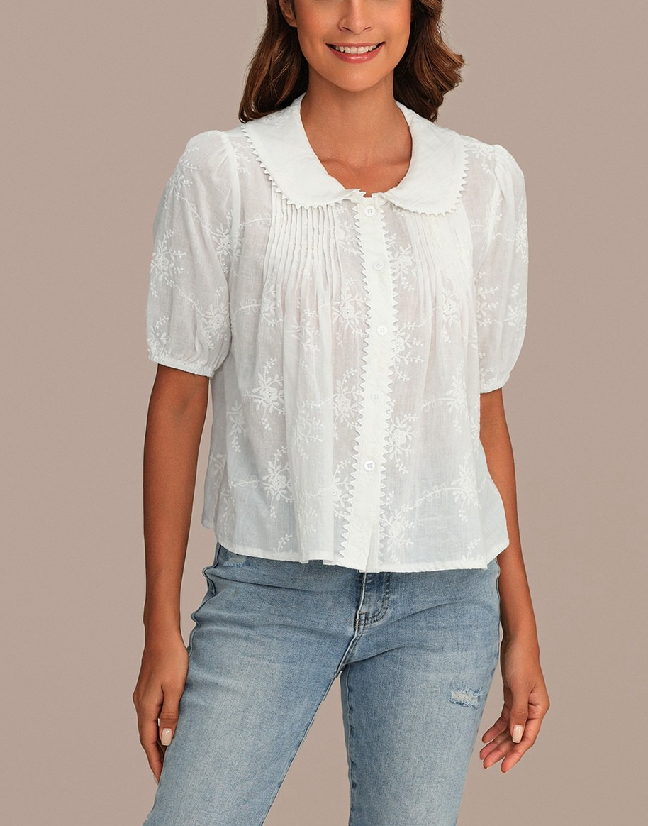 White Short Puff Sleeve Collared Neck Floral Embroidery Cotton Blouse