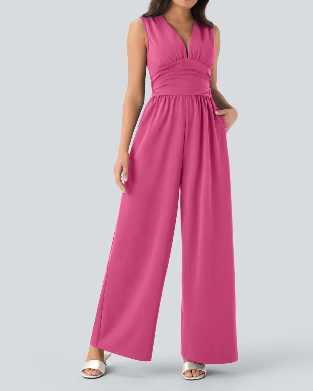 V Neck Sleeveless Ruched Pocket Jumpsuit