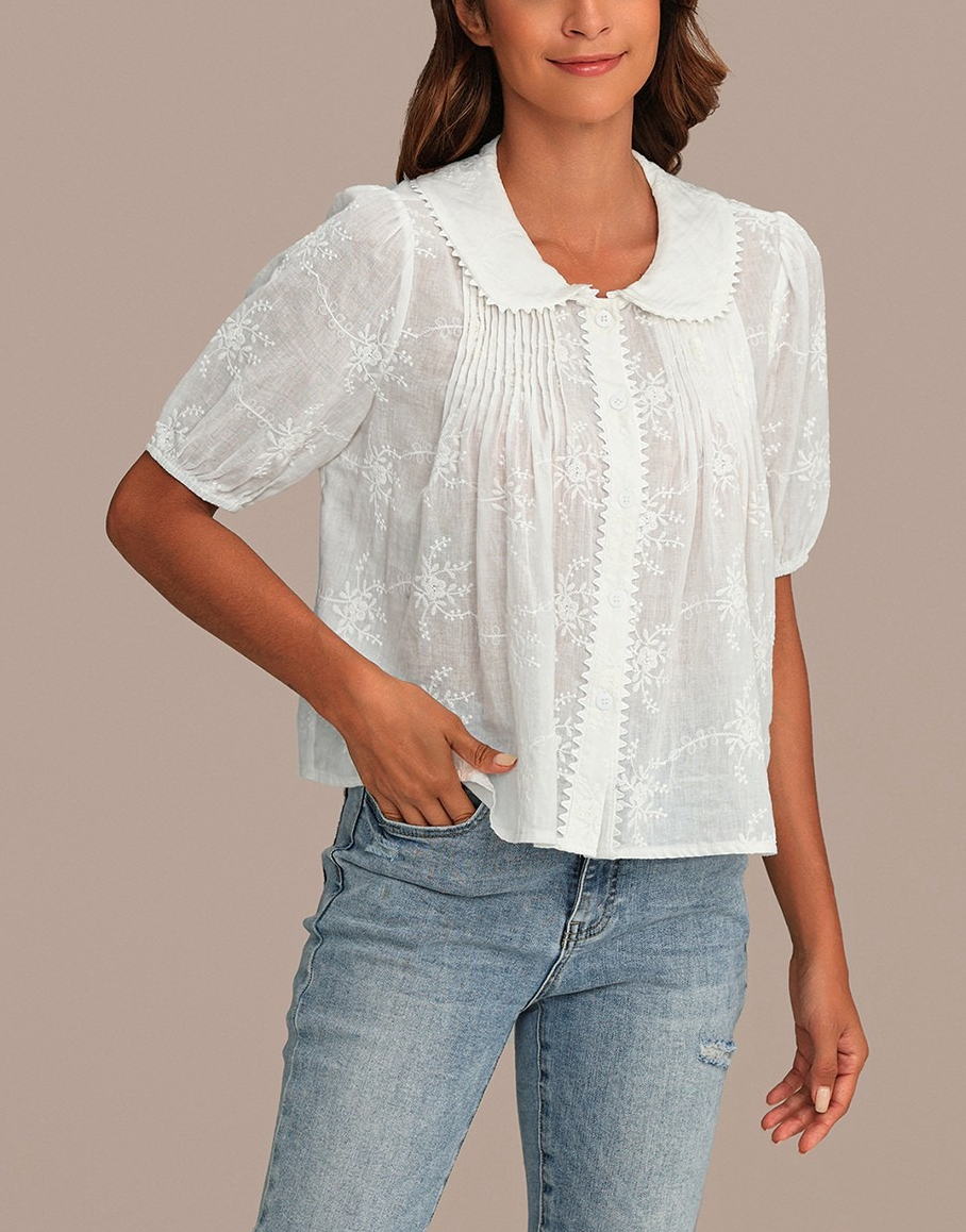 White Short Puff Sleeve Collared Neck Floral Embroidery Cotton Blouse