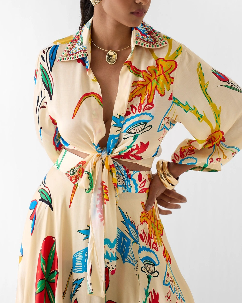 Multi Color Vegan Silk Embroidery, Sequins, Sanganer Print Crop Top And Skirt Set