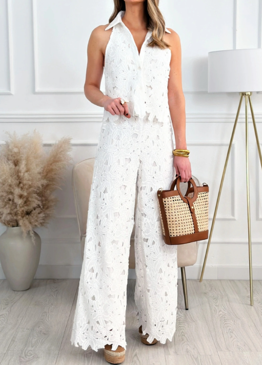 Chic Embroidered Openwork Trousers Suit