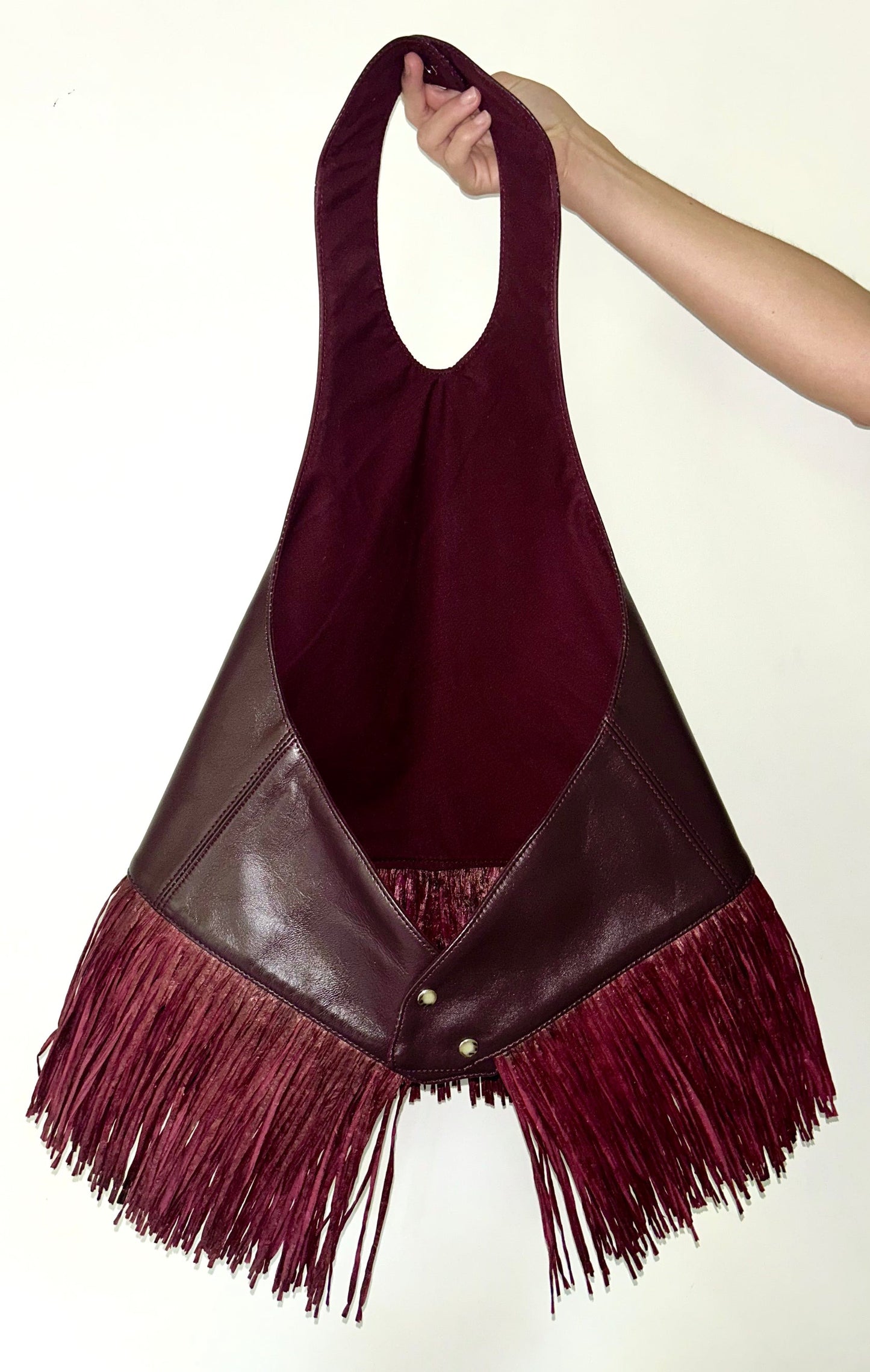 Burgundy Leather Halter Fringe Top