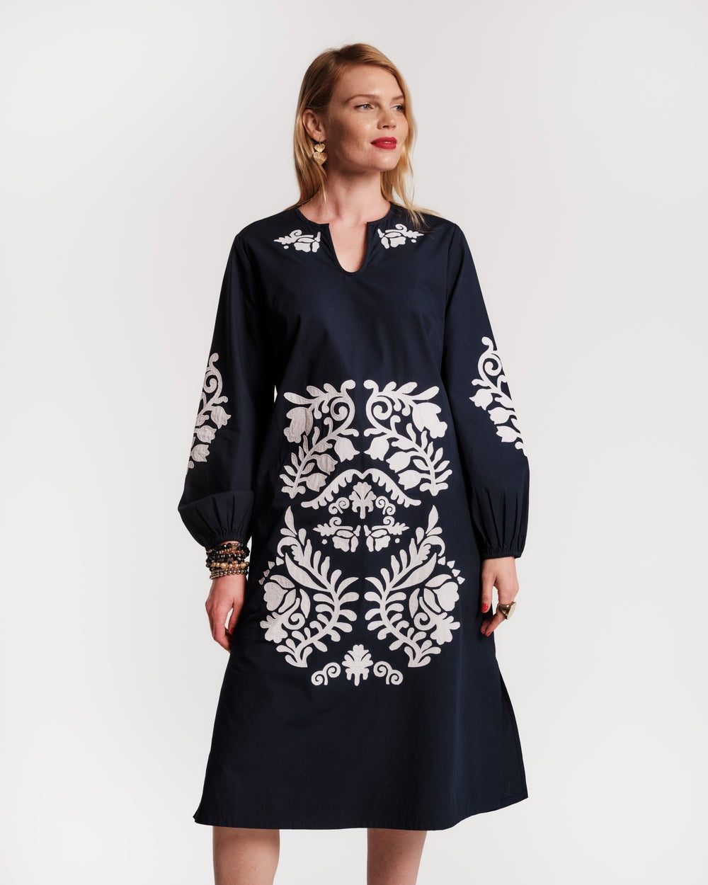 Embroidered Poplin Split Neck Long Sleeve Midi Dress