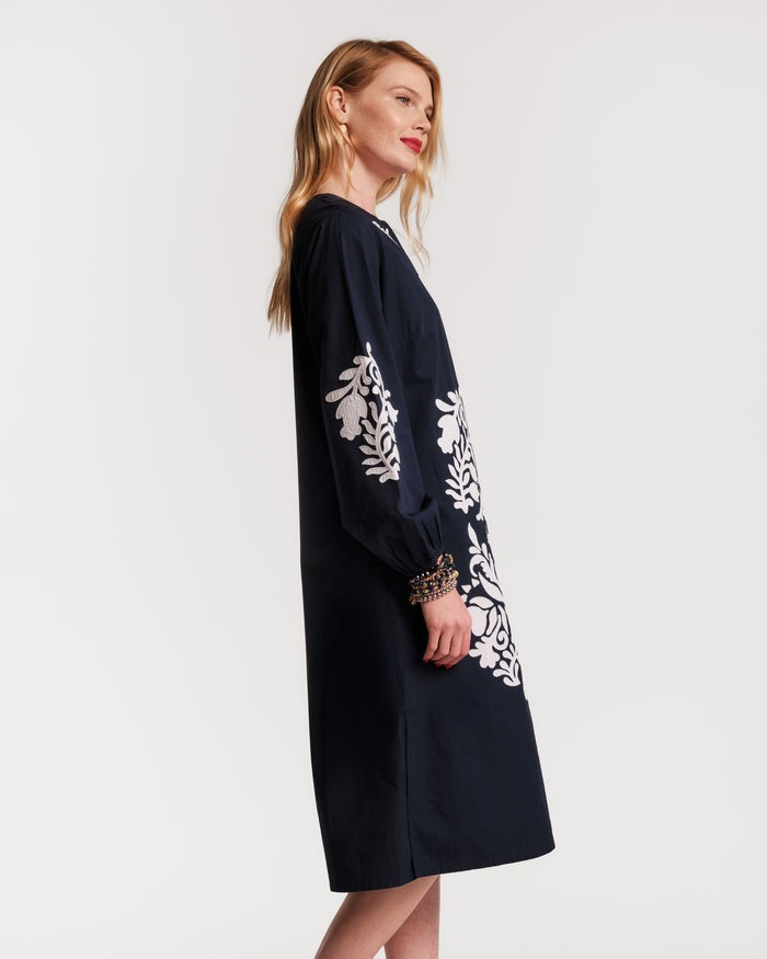 Embroidered Poplin Split Neck Long Sleeve Midi Dress