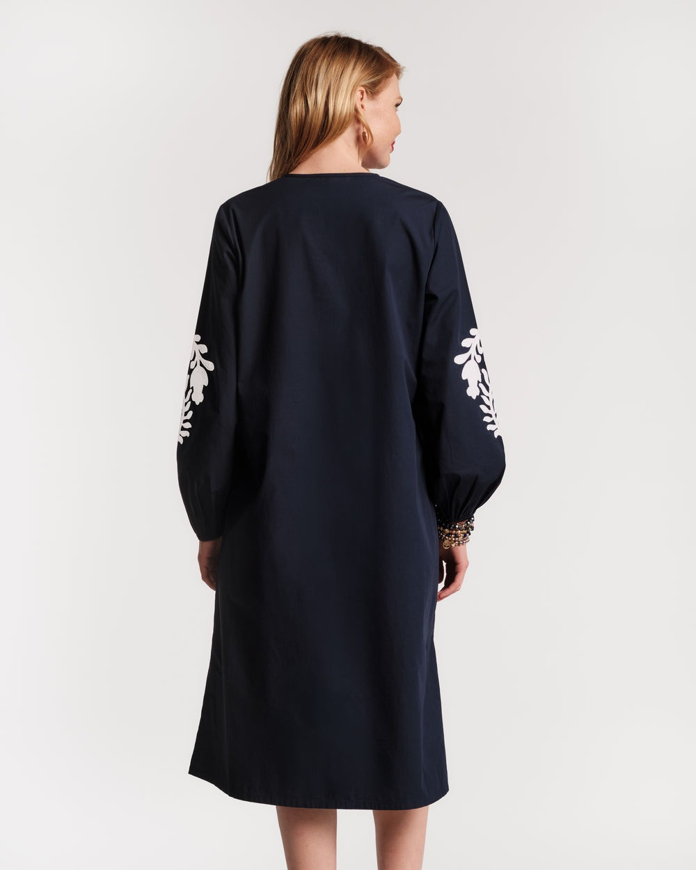 Embroidered Poplin Split Neck Long Sleeve Midi Dress