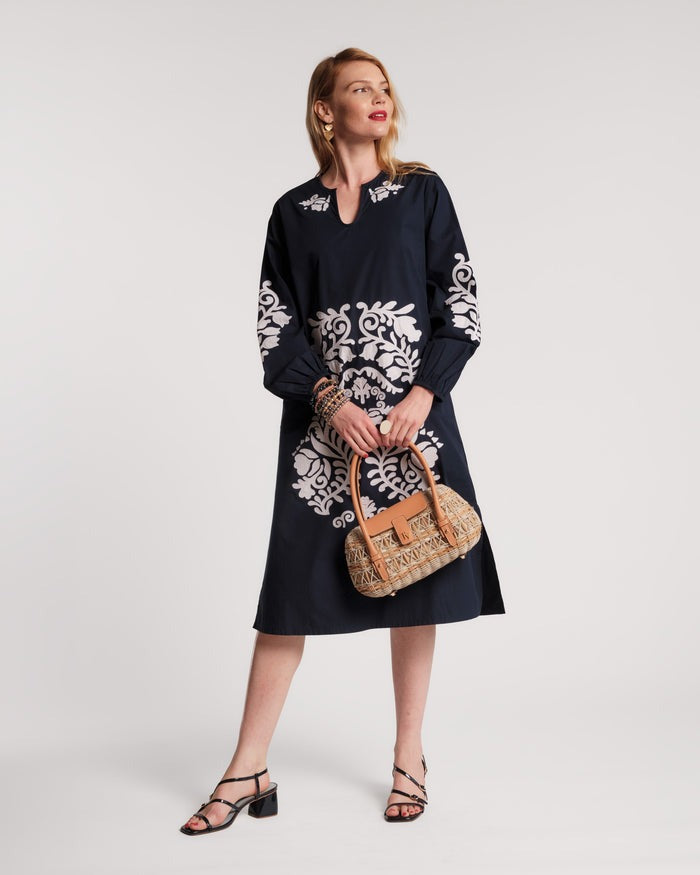 Embroidered Poplin Split Neck Long Sleeve Midi Dress