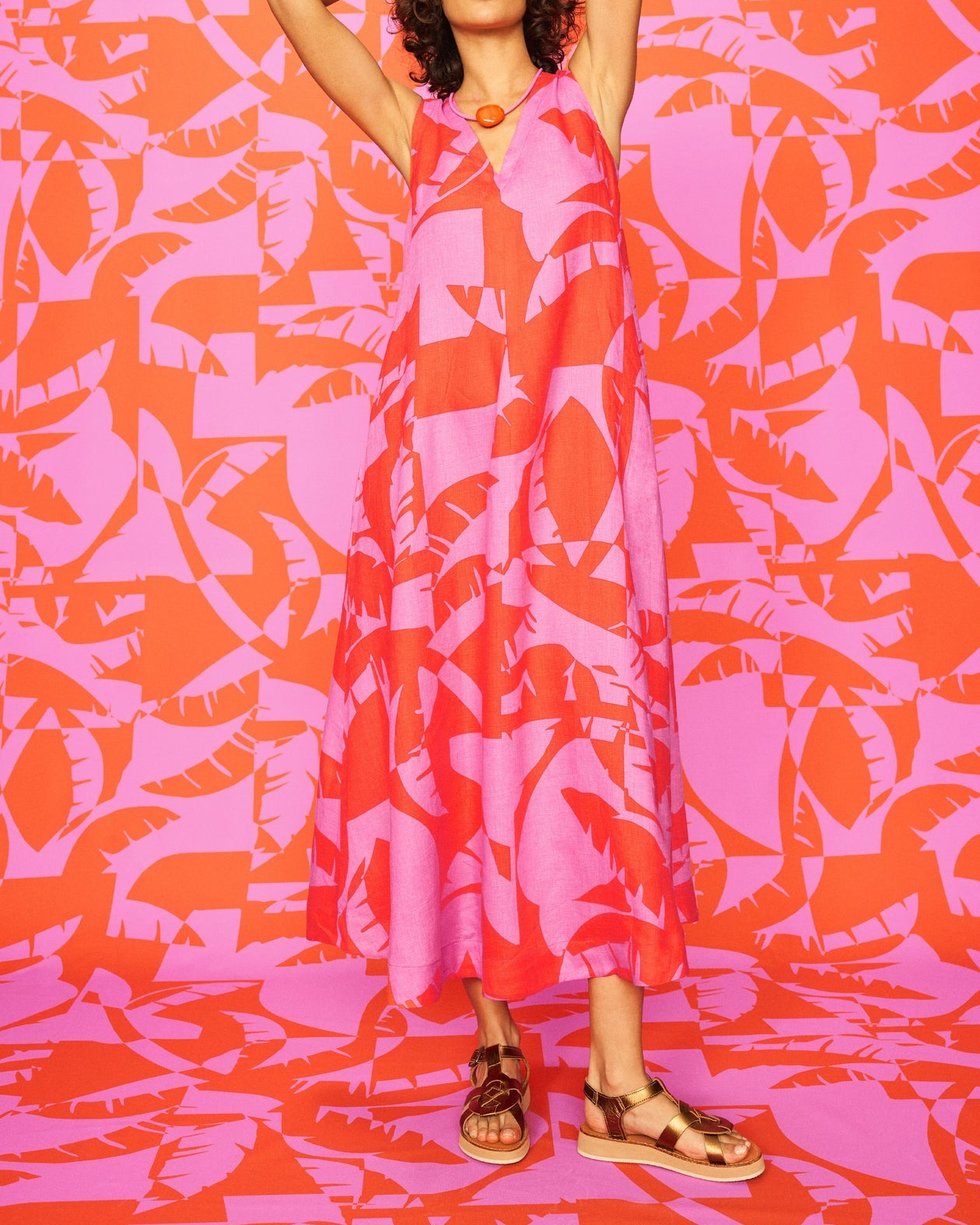 Palm Mirage Sleeveless Linen Dress