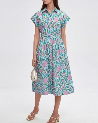 Casual Wing Short Sleeve Button Down Midi Dress