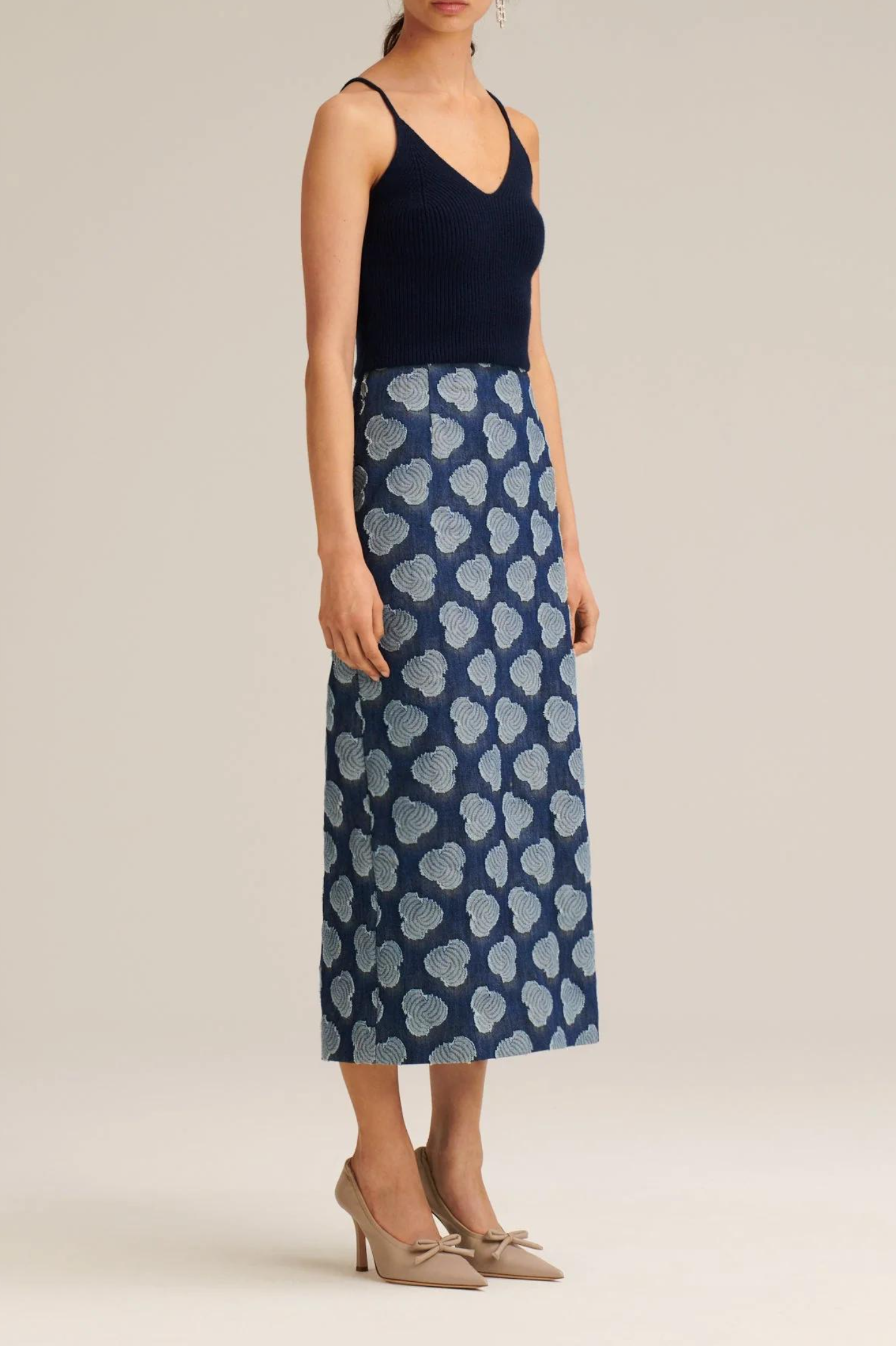 Dark Blue Textured Cloud-Print Denim Midi Skirt
