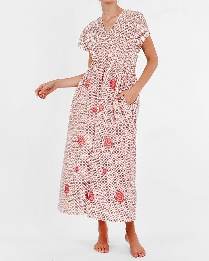 Sea Cale Dress Dotty Mustard Peony Embroidery