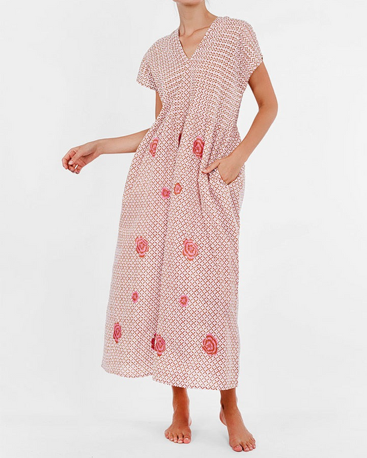 Sea Cale Dress Dotty Mustard Peony Embroidery