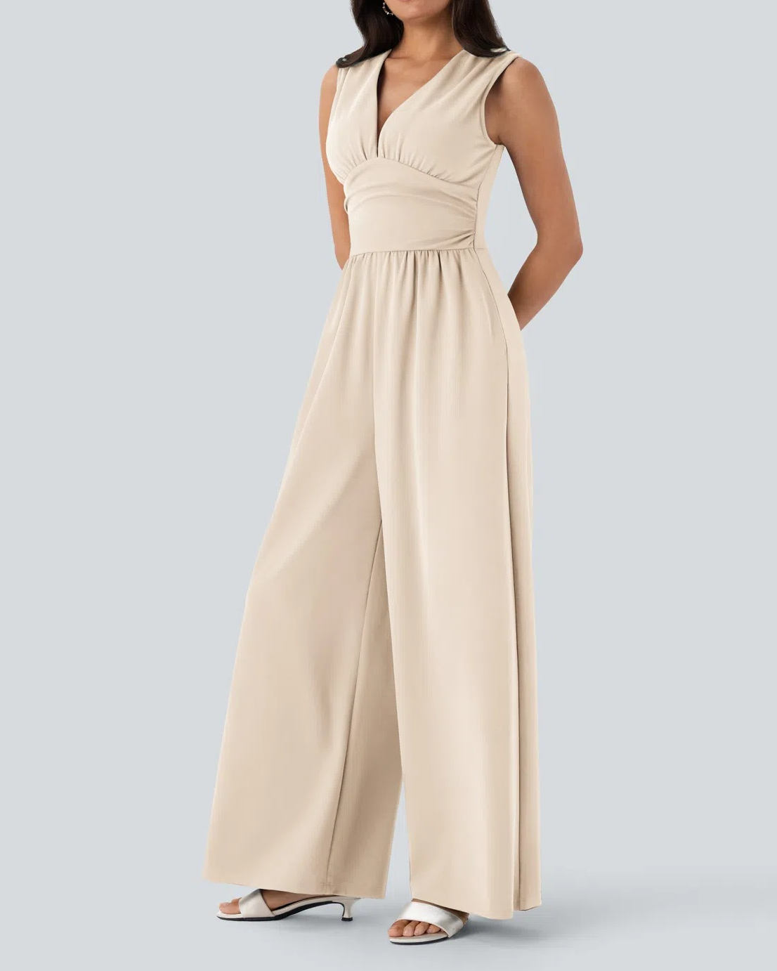 V Neck Sleeveless Ruched Pocket Jumpsuit
