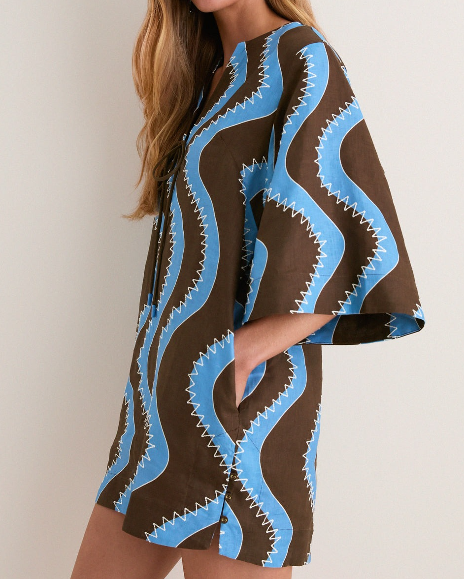 Wave-Print Tie-Neck Mini Dress