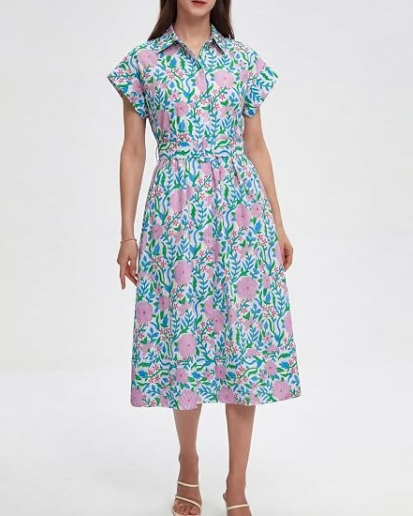 Casual Wing Short Sleeve Button Down Midi Dress