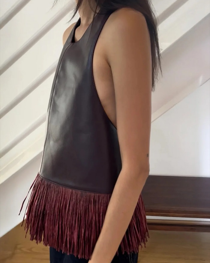 Burgundy Leather Halter Fringe Top