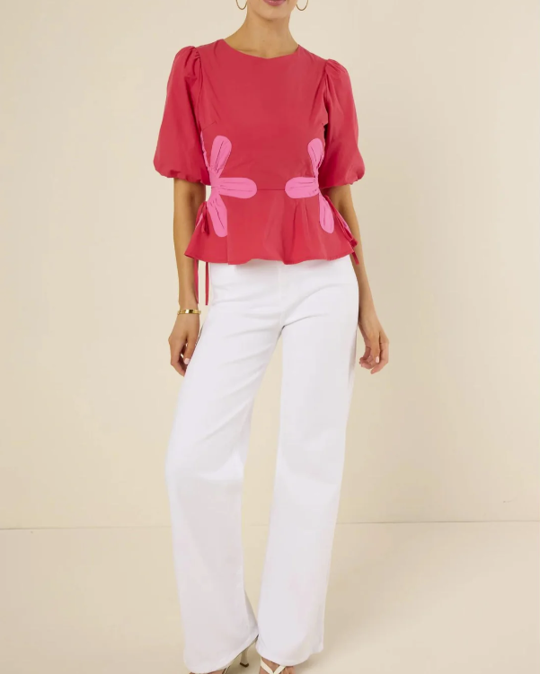 CONTRAST FLORAL SELF-TIES TOP