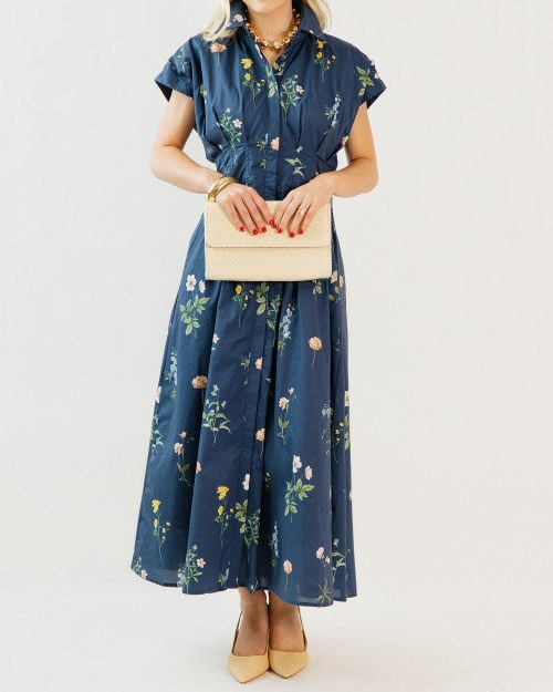 Pleated Floral Midi, Navy Mix