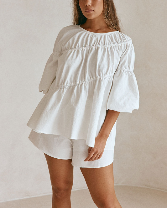 White Structured Ruched Puff Sleeve Top