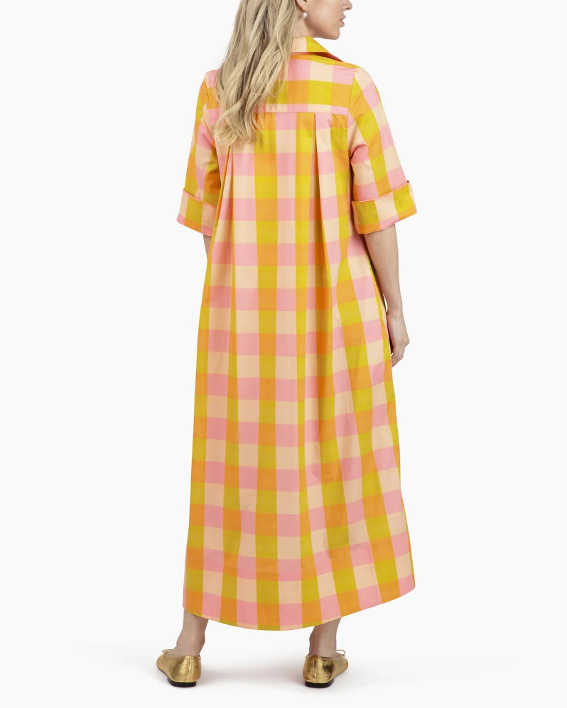 Oversized Check Print Roll Sleeve Shirt Dress