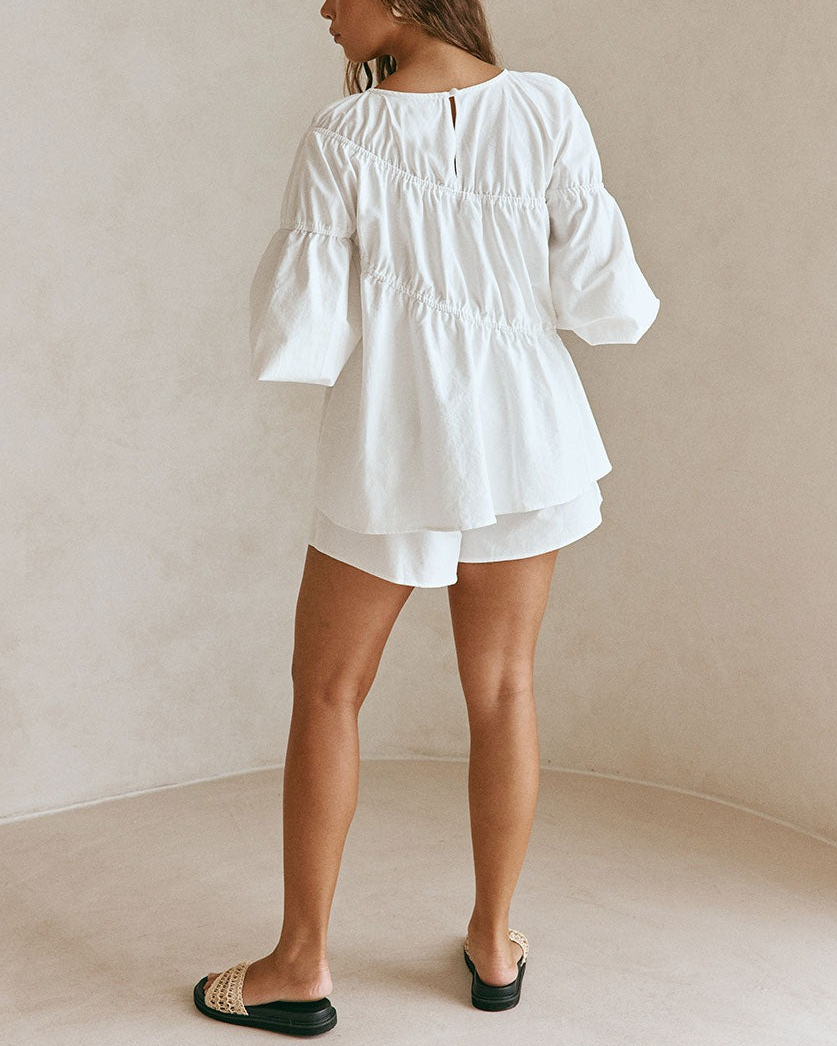 White Structured Ruched Puff Sleeve Top