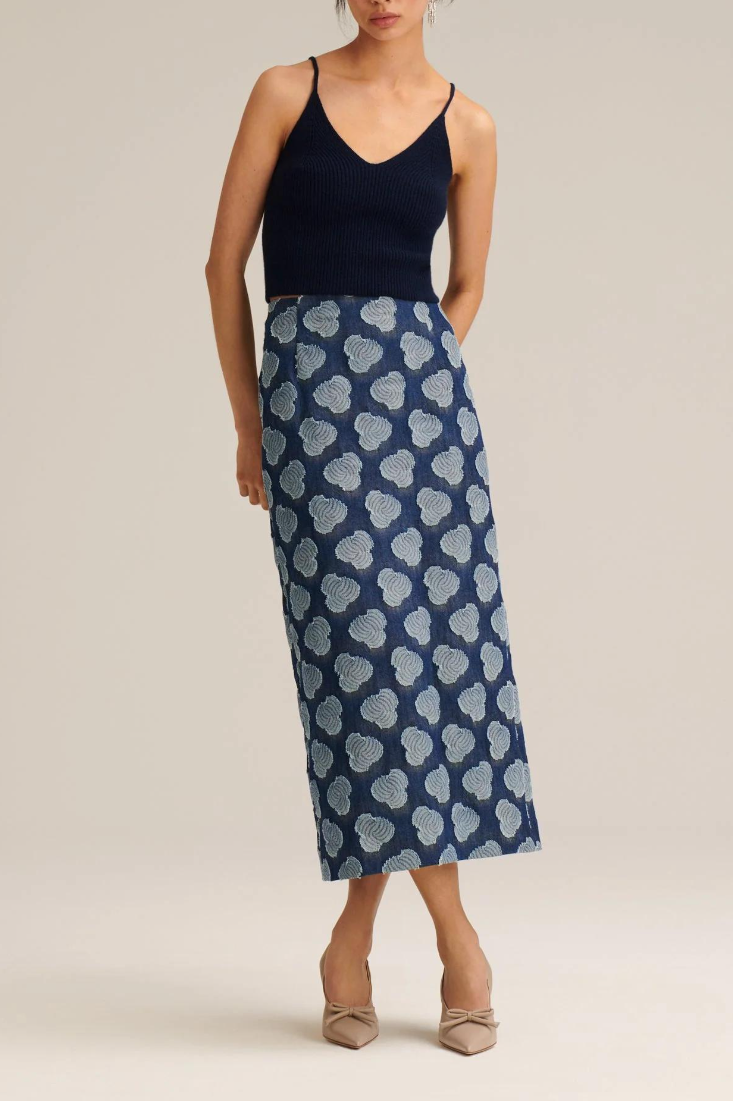 Dark Blue Textured Cloud-Print Denim Midi Skirt