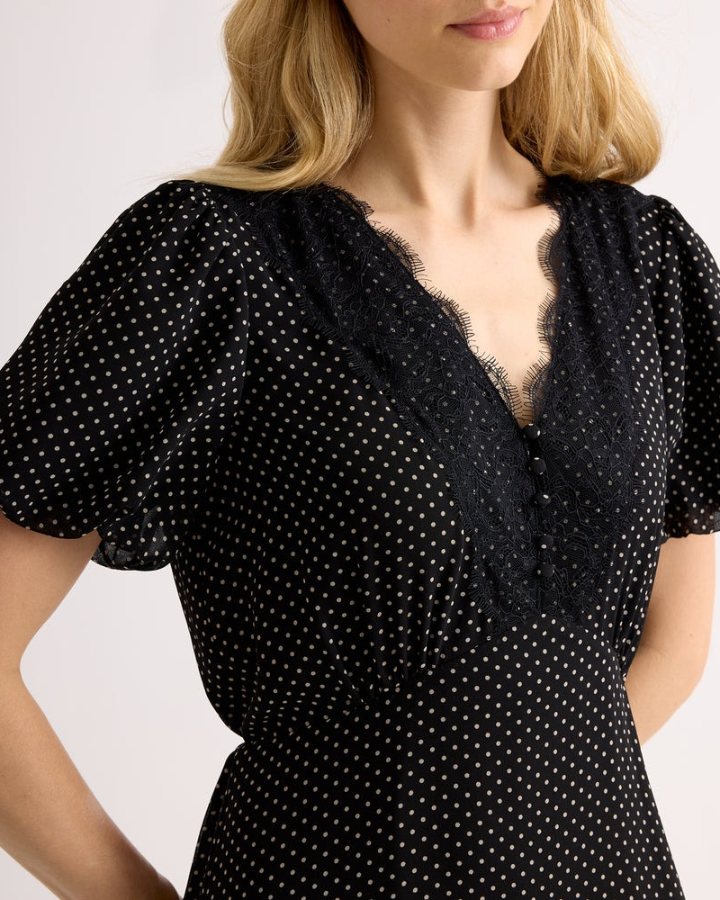 Lace Trim Chiffon Spot Dress