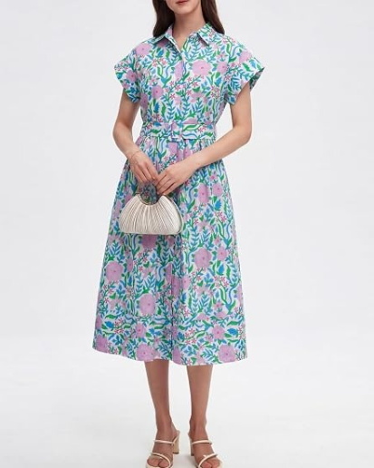 Casual Wing Short Sleeve Button Down Midi Dress