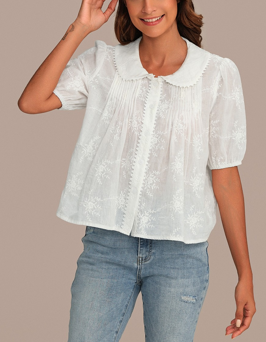 White Short Puff Sleeve Collared Neck Floral Embroidery Cotton Blouse