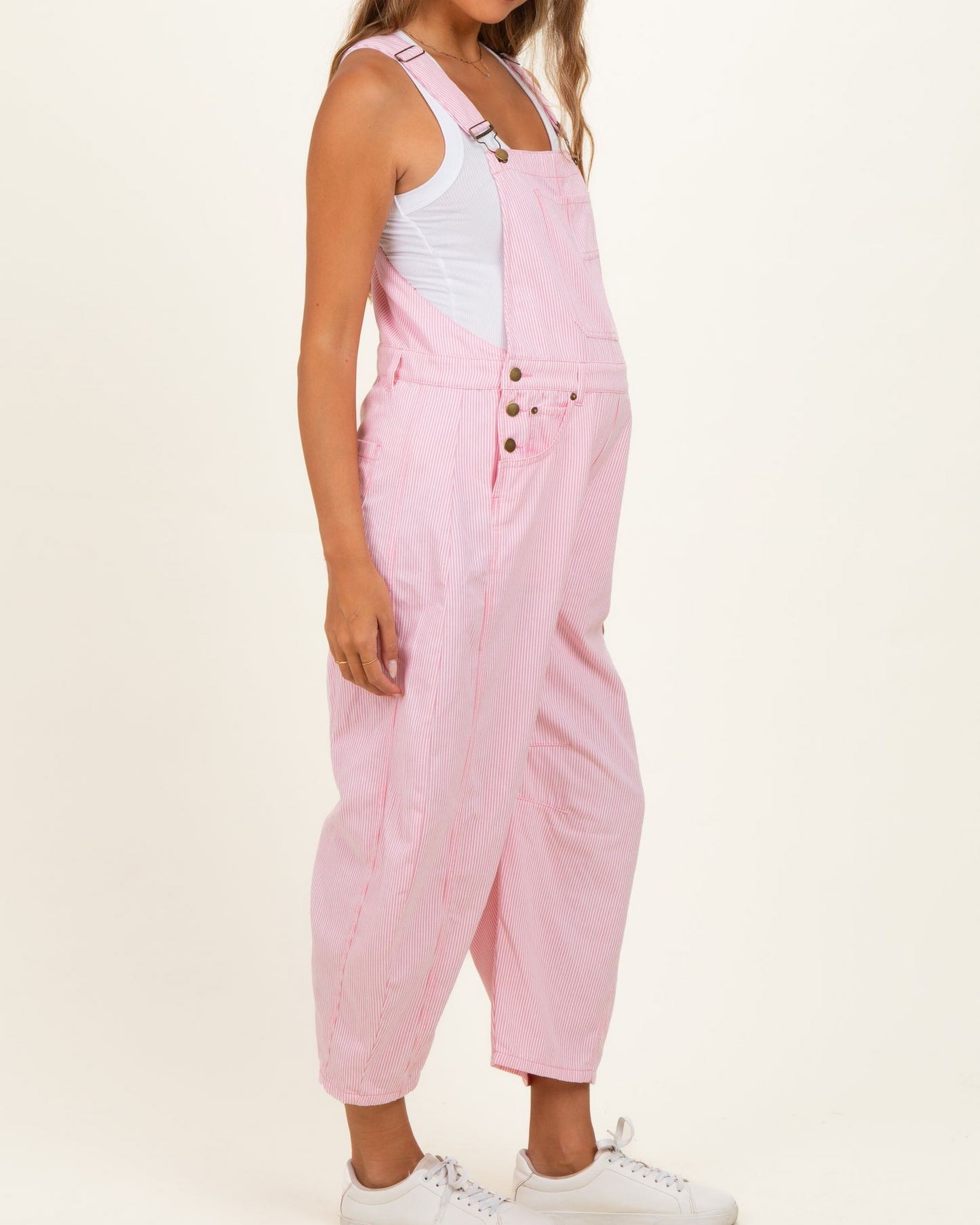 Pink Pinstriped Barrel-Leg Maternity Overalls