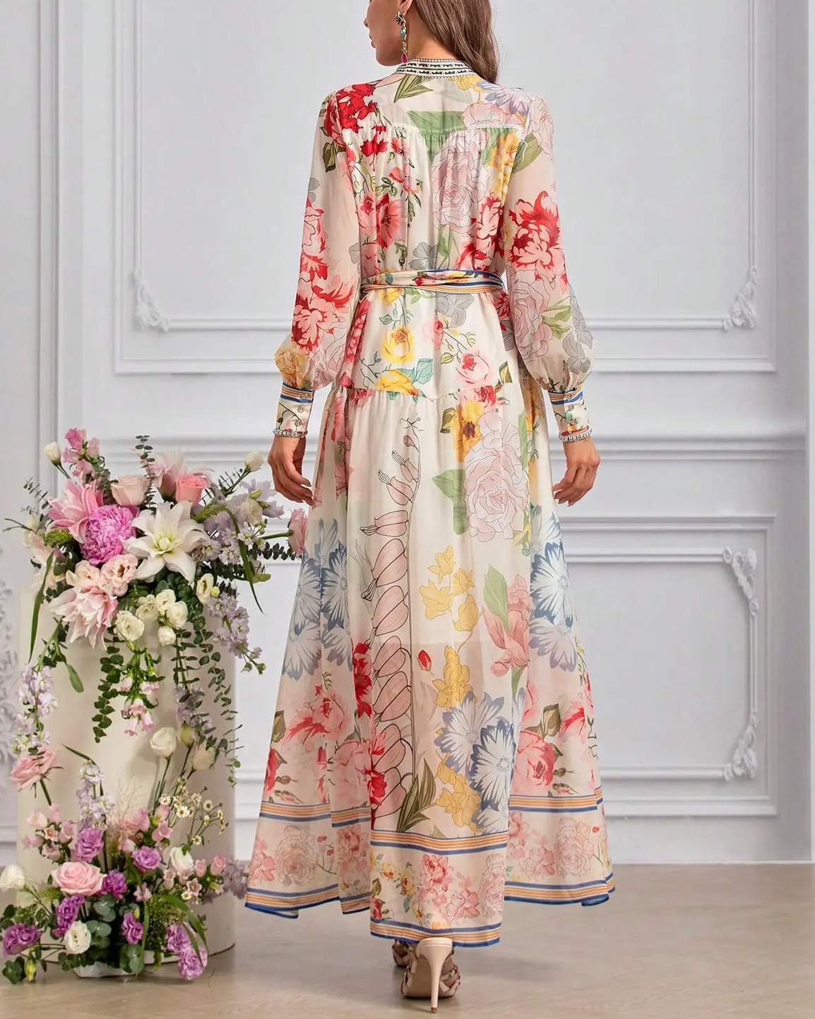 Floral Printed Adjustable-Cuffs Shirt Dress