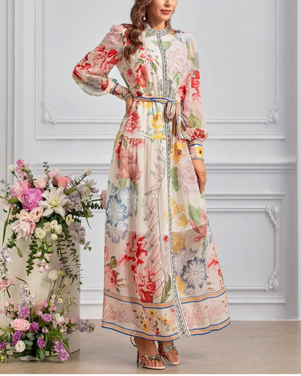 Floral Printed Adjustable-Cuffs Shirt Dress