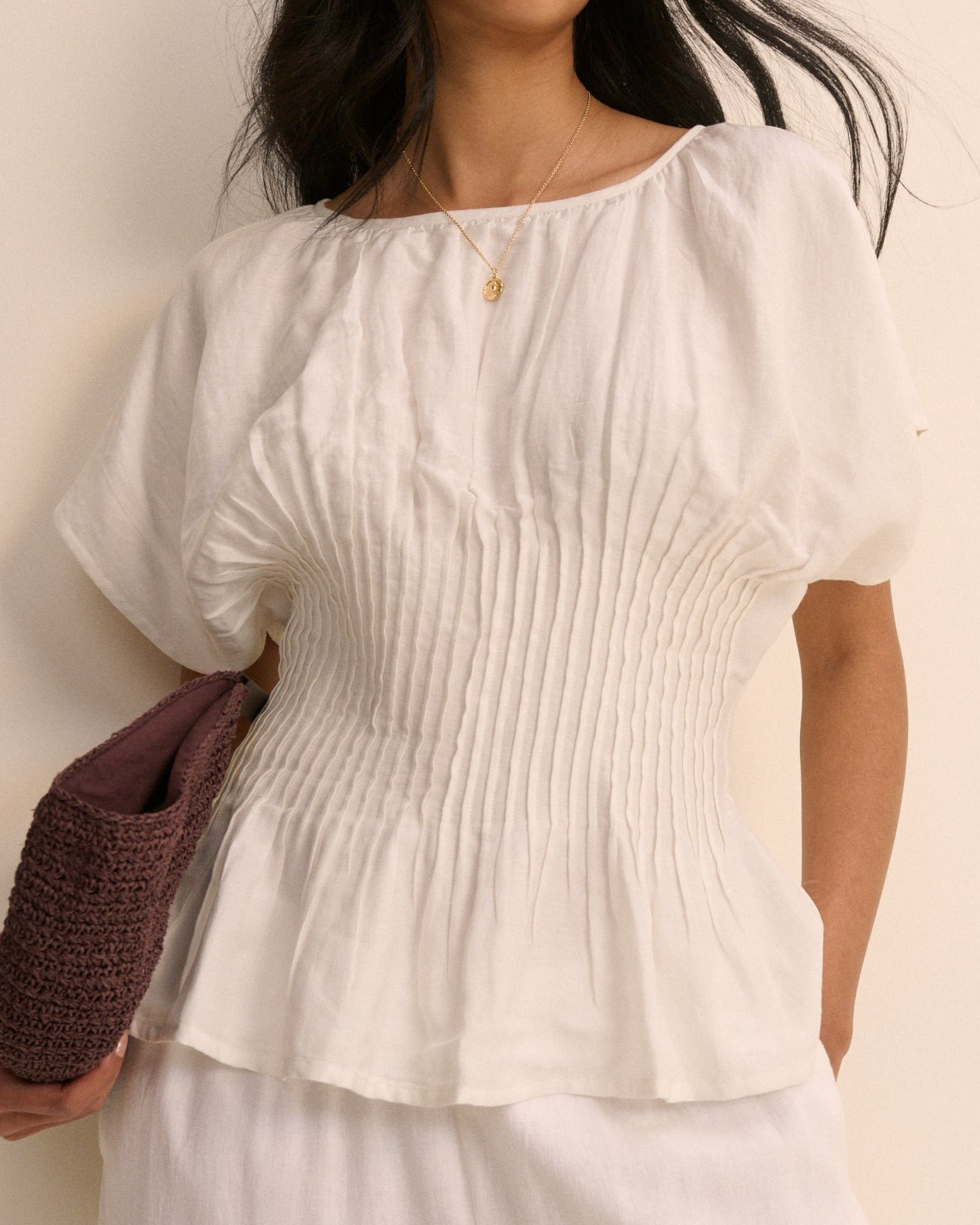 Cream Pintuck Short Sleeve Top