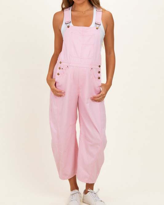 Pink Pinstriped Barrel-Leg Maternity Overalls
